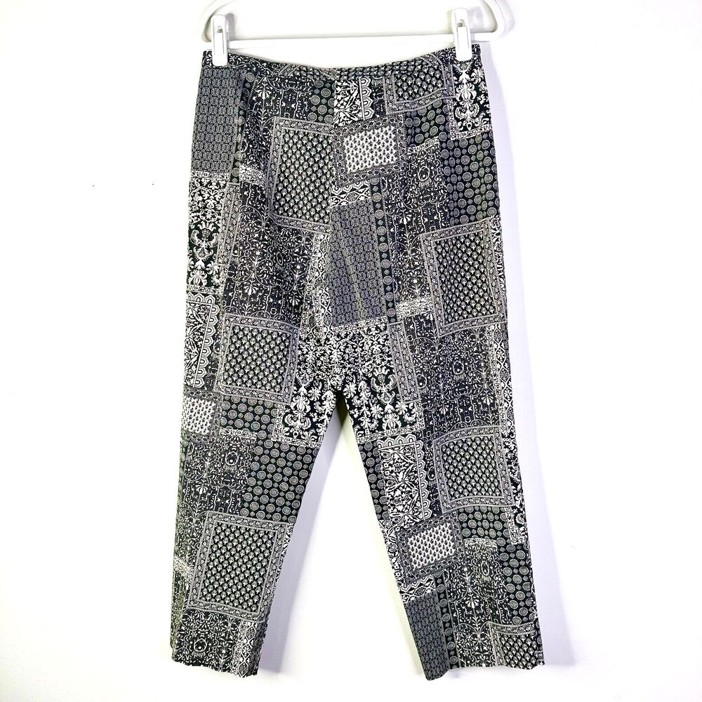 Talbots Pants Women 12 Black White Paisley Patchwork High Rise Cotton Cropped - Picture 2 of 10